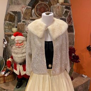 Vintage fur collar sequin jacket